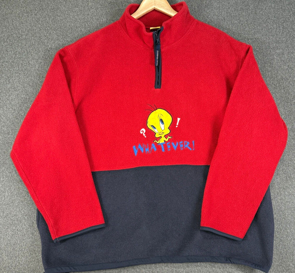 Vintage Looney Tunes Tweety Whatever Fleece Womens Red Gray Quarter Zip